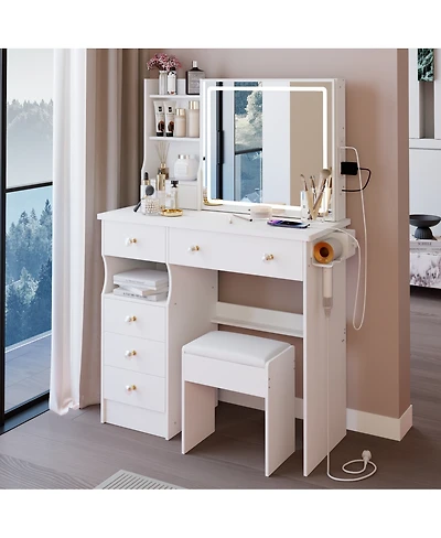 Streamdale Furniture 37 inches Vanity Stool, 2AC/2USB, Led Mirror, Dryer Stand