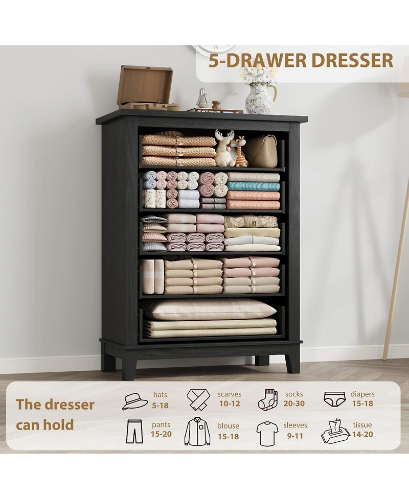Homfan 5-Drawer Vertical Wooden Dresser, 41.3" Tall Freestanding Storage Chest for Bedroom, Living Room, or Entryway