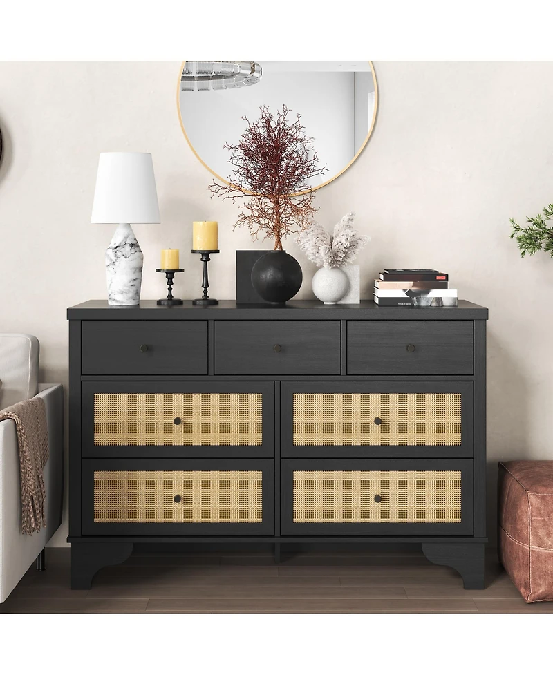 homfan Bohemian Natural Rattan Dresser with Multiple Storage Drawers and Anti-Tip Design - Versatile Chest for Bedroom, Living Room Entryway