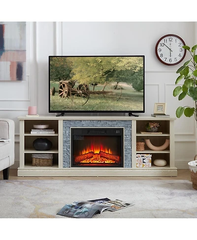 Streamdale Furniture Large Faux Stacked Stone Tv Media Console with Fireplace Insert