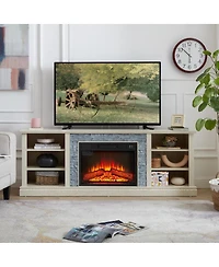 Streamdale Furniture Large Faux Stacked Stone Tv Media Console with Fireplace Insert