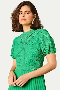 Oasis Women's Lace Puff Sleeve Pleated Midi Dress