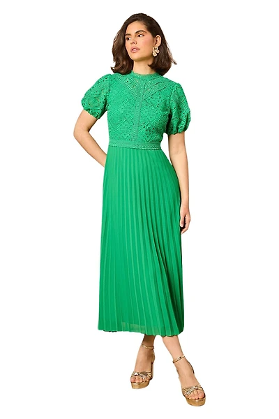 Oasis Women's Lace Puff Sleeve Pleated Midi Dress