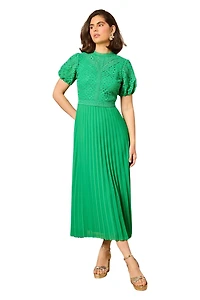 Oasis Women's Lace Puff Sleeve Pleated Midi Dress
