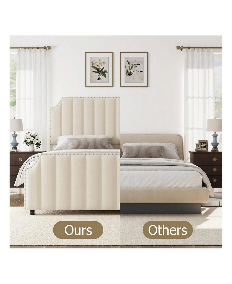 gaomon Queen Platform Bed Frame, Velvet Upholstered, 50.2" Vertical Channel Tufted Headboard & Footboard, Nailhead Trim