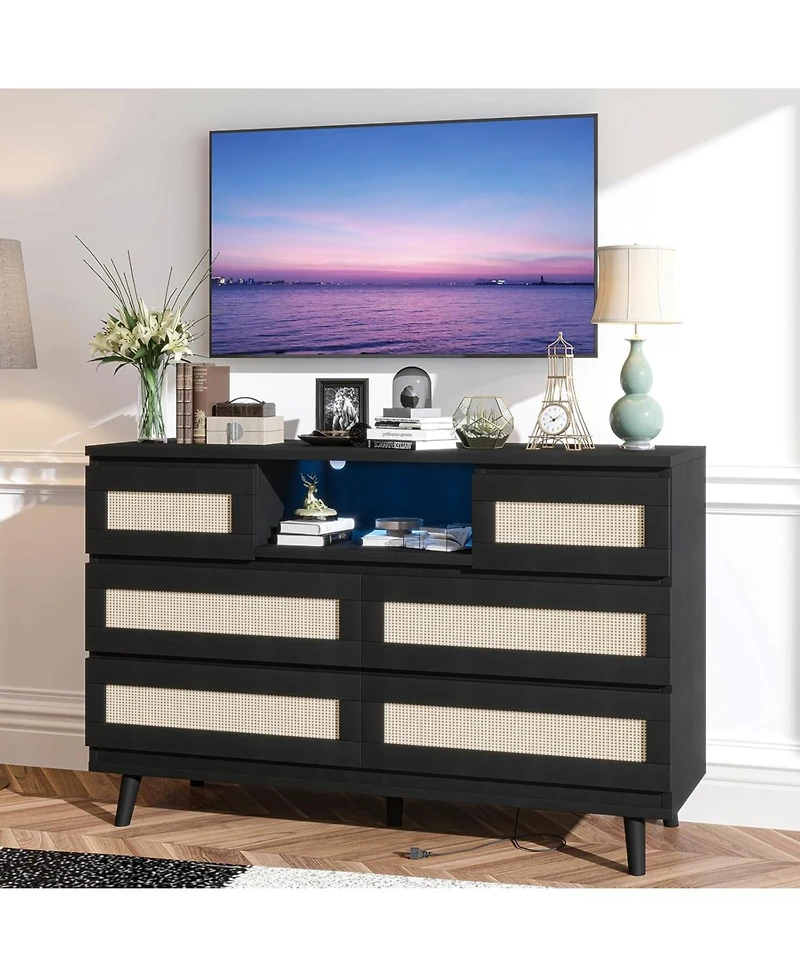 gaomon Rattan 6-Drawer Bedroom Dresser, Natural Wood Chest with Led Light & Charging Station, Tv Stand for Nursery Entryway Hallway