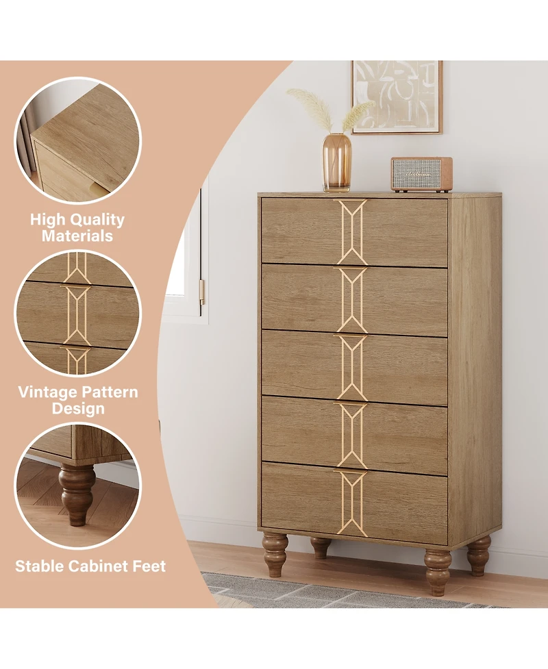 homfan 5 Drawers Dresser, Modern Wooden Tall Dresser with Deep Drawers, Storage Cabinet for Bedroom, Living Room, Hallway, Entryway