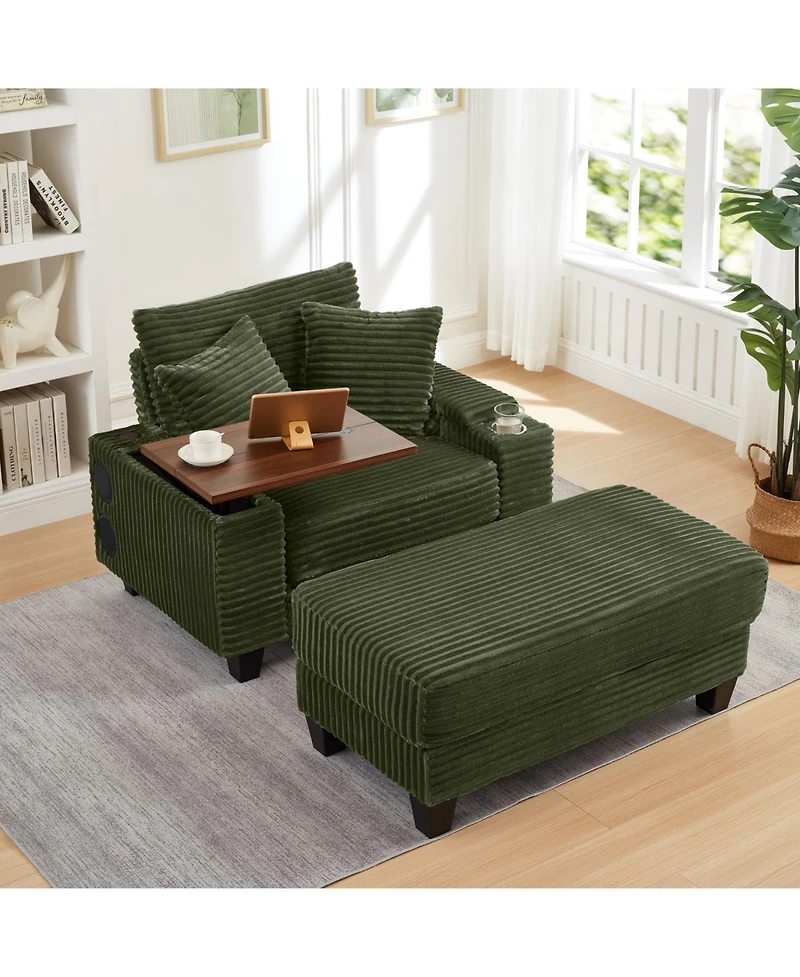 Streamdale Furniture Corduroy Sofa Bed with Ottoman, Bluetooth, Usb