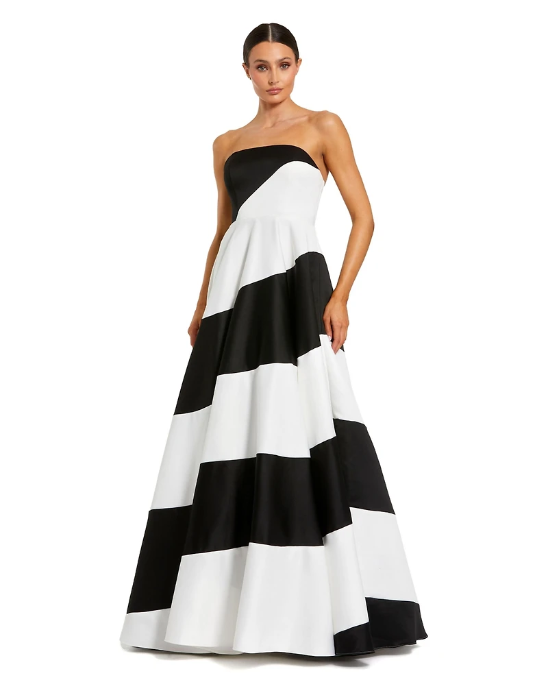 Mac Duggal Petite Strapless Satin Ballgown with Bold Colorblock Stripes