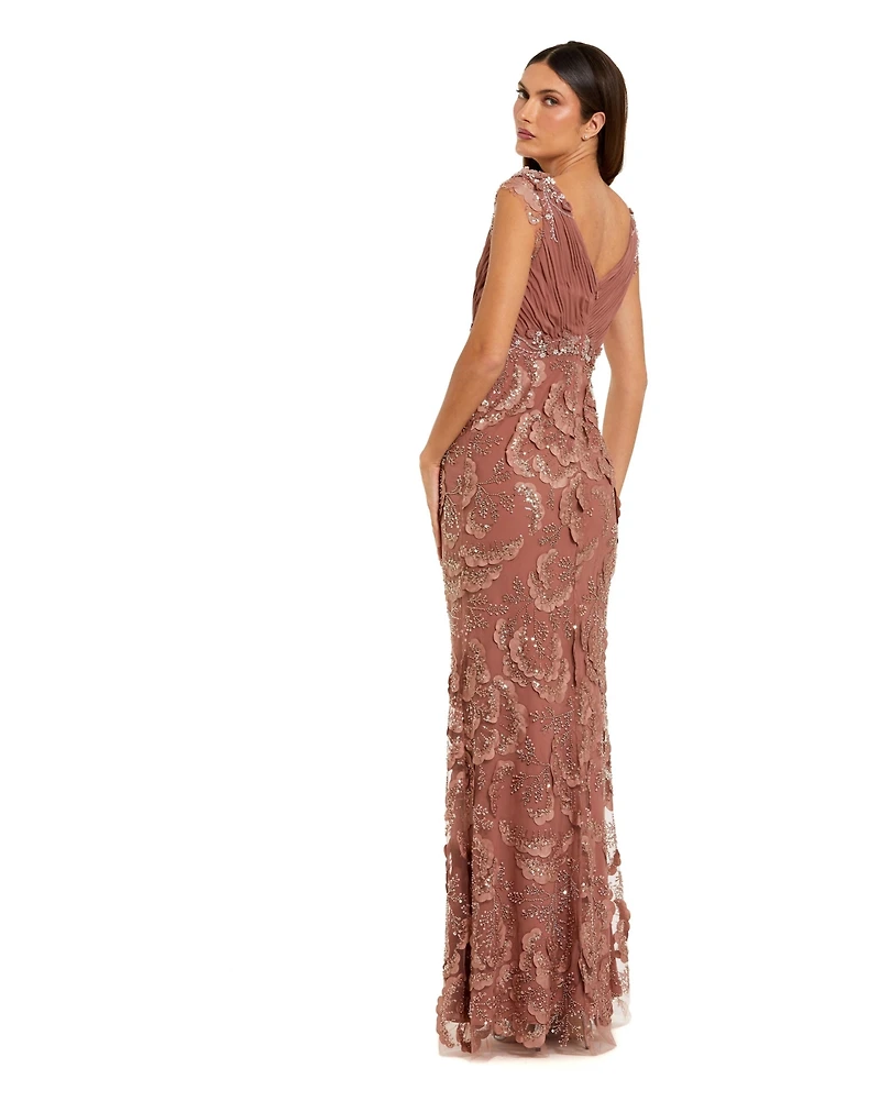 Mac Duggal Petite Floral Beaded Chiffon V-Neck Evening Gown