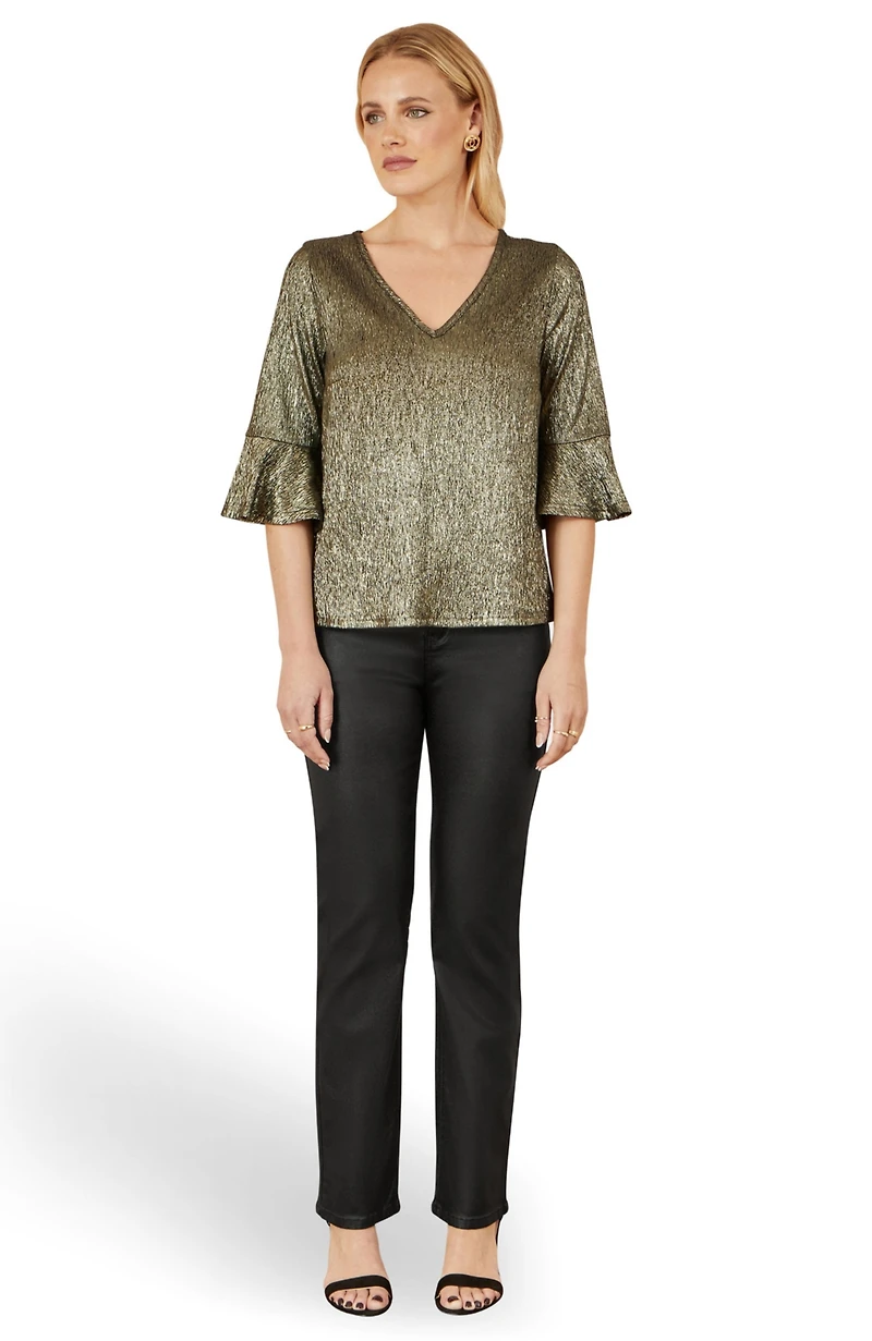 Yumi Women's Fluted Sleeve Metallic Stretch Top