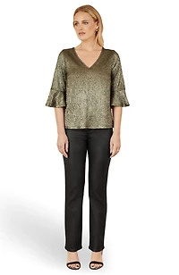 Yumi Women's Fluted Sleeve Metallic Stretch Top