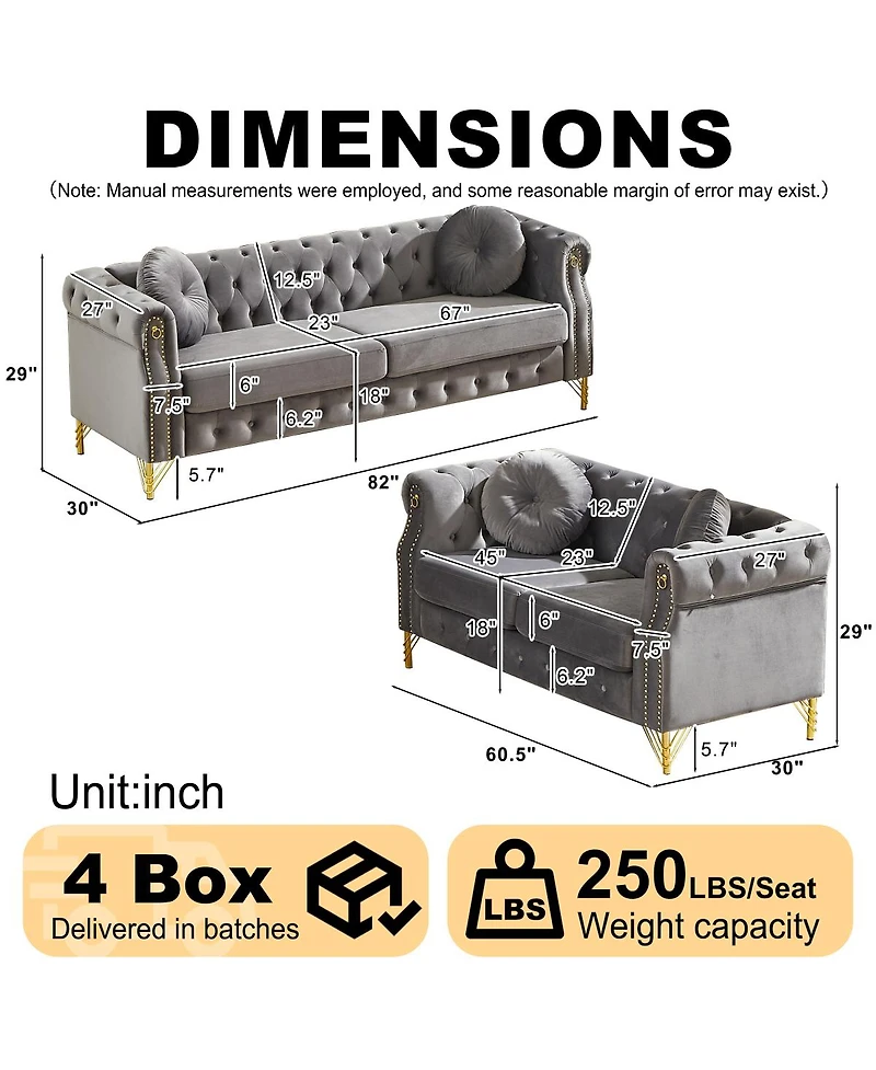 Streamdale Furniture Velvet Chesterfield Sofa with Copper Studs & Tufted Buttons, Metal Legs