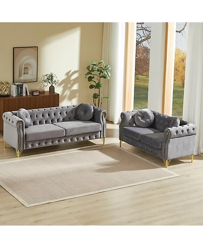 Streamdale Furniture Velvet Chesterfield Sofa with Copper Studs & Tufted Buttons, Metal Legs