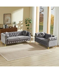 Streamdale Furniture Velvet Chesterfield Sofa with Copper Studs & Tufted Buttons, Metal Legs