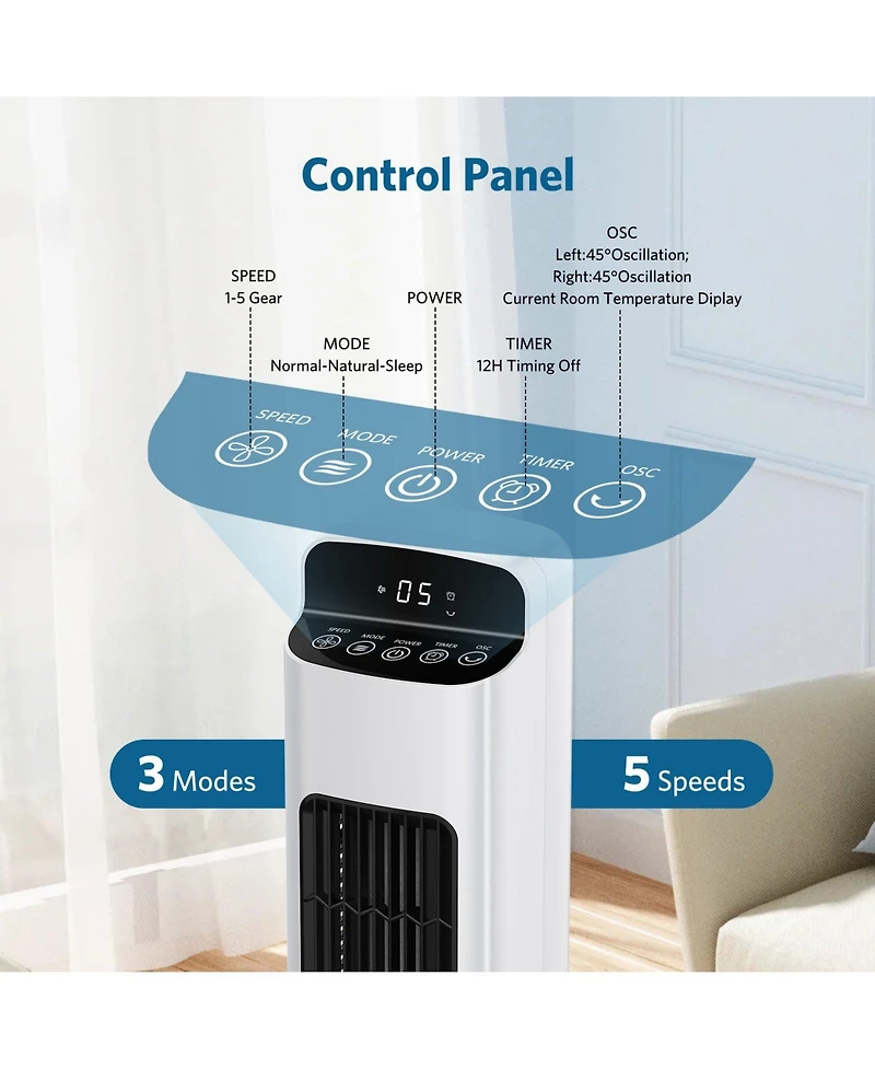 Antarctic Star Oscillating Tower Fan, 5 Speeds with Remote and Led Temperature Display