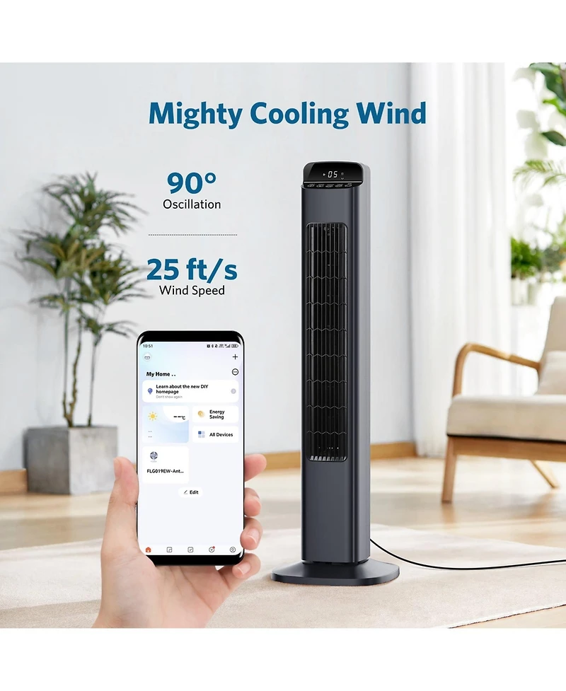 Antarctic Star 36-Inch Smart WiFi Tower Fan, Painted Gray with 5 Speeds and Temp Display