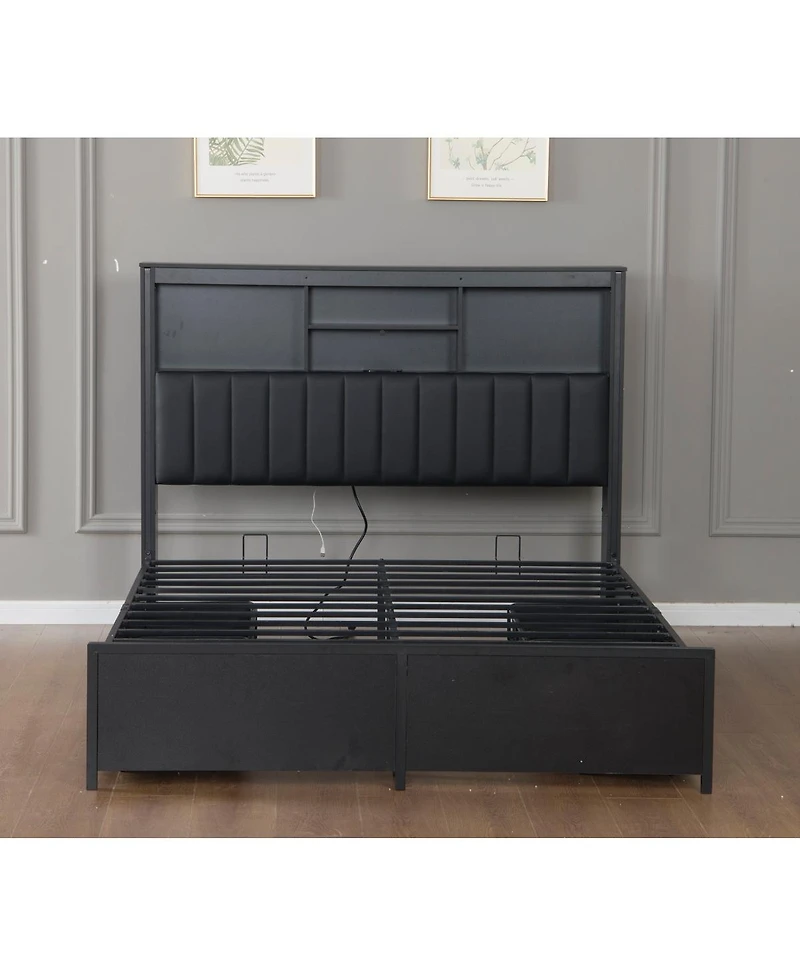 Streamdale Furniture Queen Bed Frame With Storage Headboard, Led, Charging, 4 Drawers