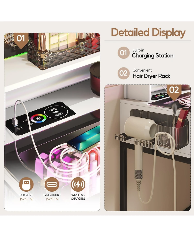 Vlsrka Led Vanity Desk Set with Rgb Mirror, Remote & Charging Station