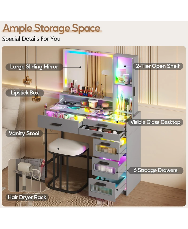 Vlsrka Led Vanity Desk Set with Rgb Mirror, Remote & Charging Station