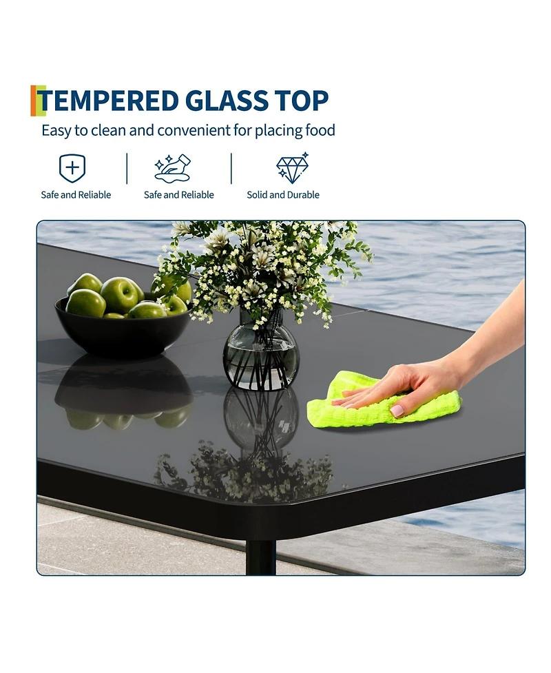 homfan Tempered Glass Patio Dining Table with Metal Frame, in Rectangular Table for 6 People