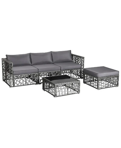 Gouun 5 Piece Outdoor Pe Wicker Sectional Conversation Set with Glass Coffee Table and Ottoman