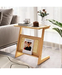 Gymax Z-shaped End Table Glass Top Bamboo Side Table w/ Magazine Rack and Rattan Shelf