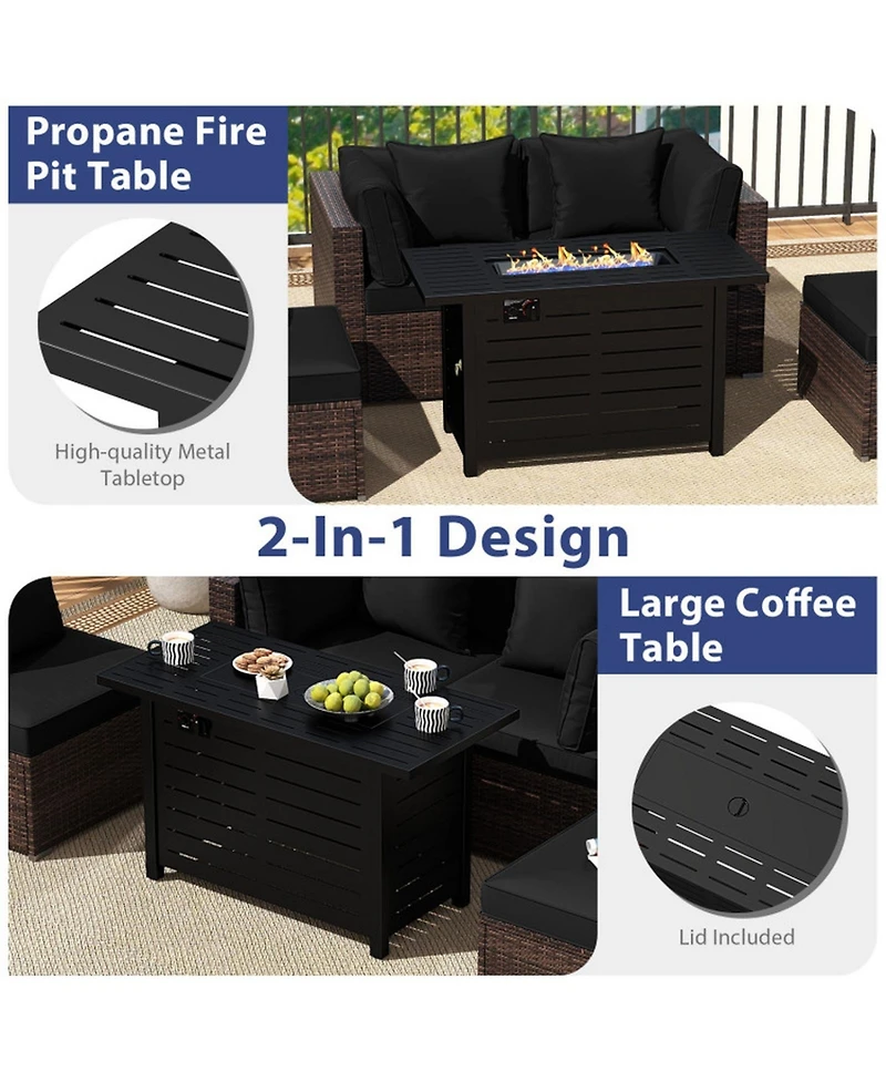 Sugift Heavy-Duty Frame Rattan Sofa Set with 60000 Btu Firepit Table
