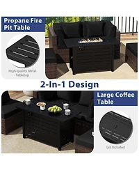 Sugift Heavy-Duty Frame Rattan Sofa Set with 60000 Btu Firepit Table
