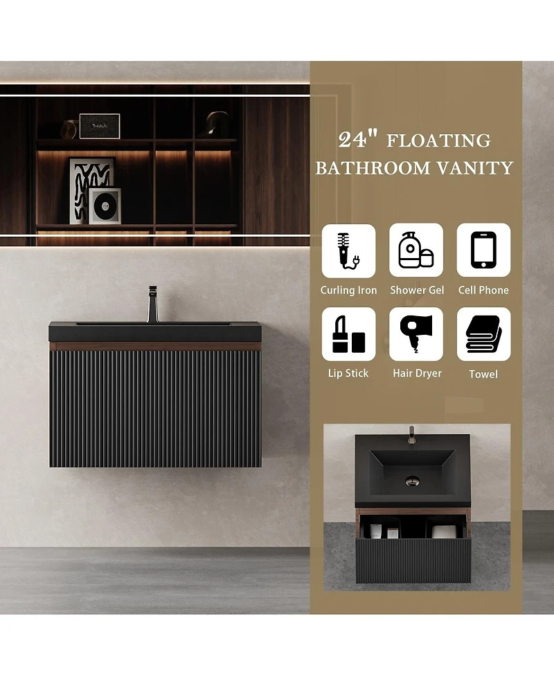 Sillysis Wall Mounted Bathroom Vanity, Quartz Sand Matte Sink, Wave Textured Drawer