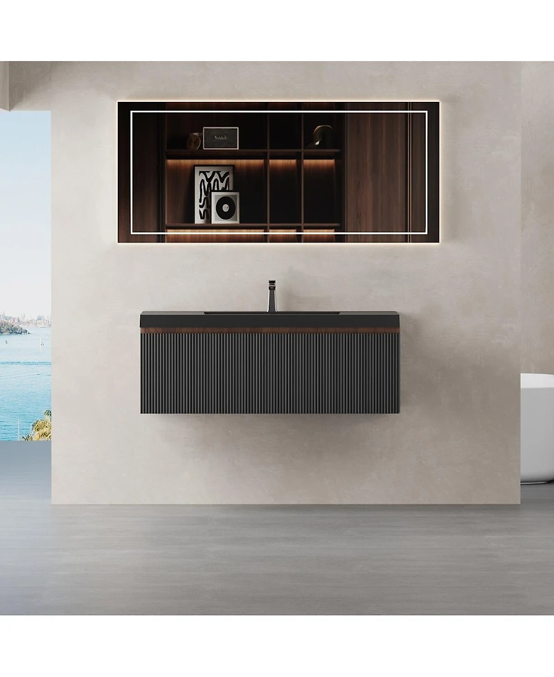 Sillysis Wall Mounted Bathroom Vanity, Quartz Sand Matte Sink, Wave Textured Drawer, Pre-Assembled Modern Cabinet