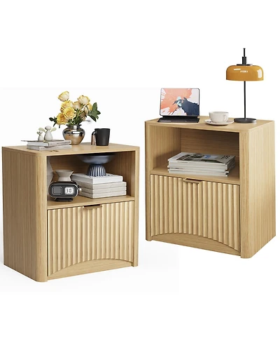 homfan Mid Century Modern Fluted Nightstand, Wooden End Table with Drawer Storage, Waterproof Design for Bedroom Use