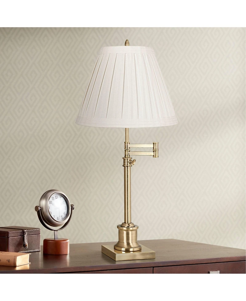 360 Lighting Swing Arm Desk Table Lamp 36" Tall Antique Brass Box Pleated Linen Empire Shade for Living Room Bedroom Office Family