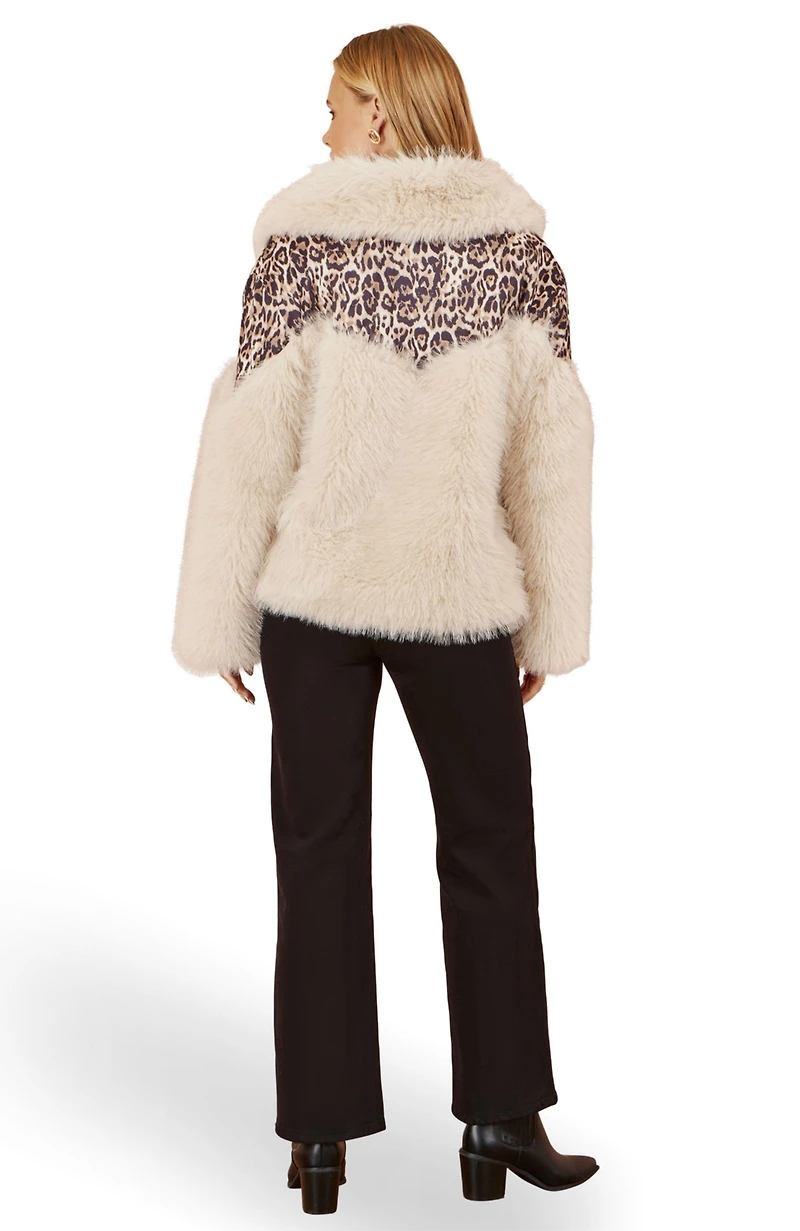 Yumi Women's Faux Fur Biker Leopard Print Jacket