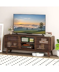 Gymax Tv Stand w/Sliding Doors Adjustable Shelves and Rubber Wood Legs for TVs up to 65''