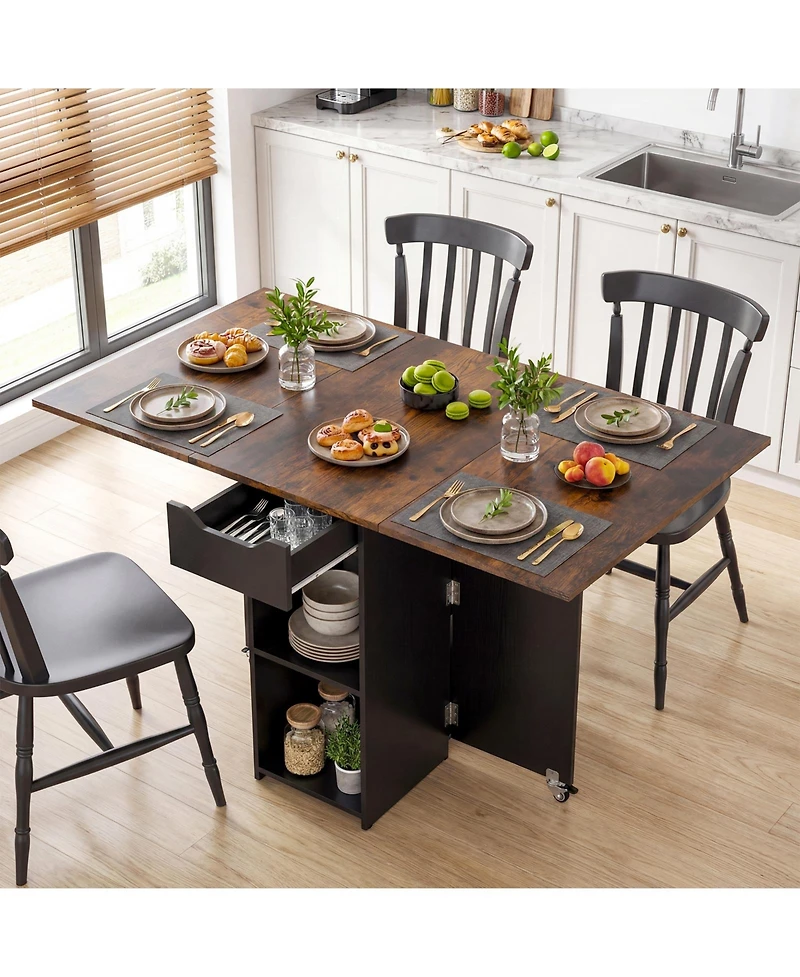 Gymax Folding Dining Table w/2 Open Shelves and Drawer 2 Lockable Universal Wheels