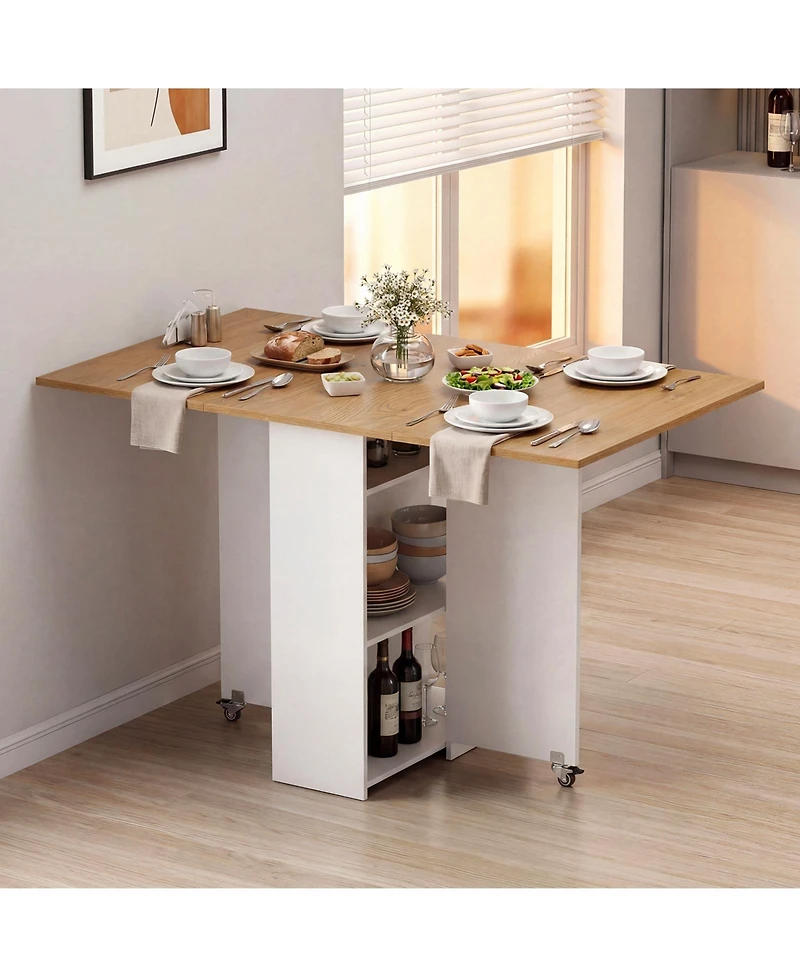 Gymax Folding Dining Table w/2 Open Shelves and Drawer 2 Lockable Universal Wheels