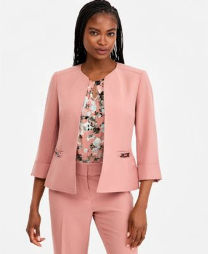 Kasper Womens Cuffed 3 4 Sleeve Collarless Jacket Pleated Keyhole Neck Top Fly Front Slim Pants