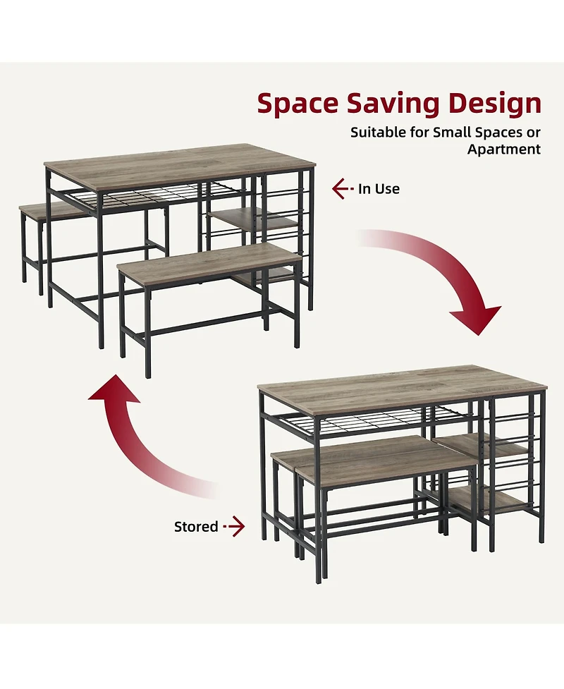 homfan 3 Pcs Dining Table Set with Tuck-In Benches, Wine Bottle Storage, Stemware Holder and Home Bar Set