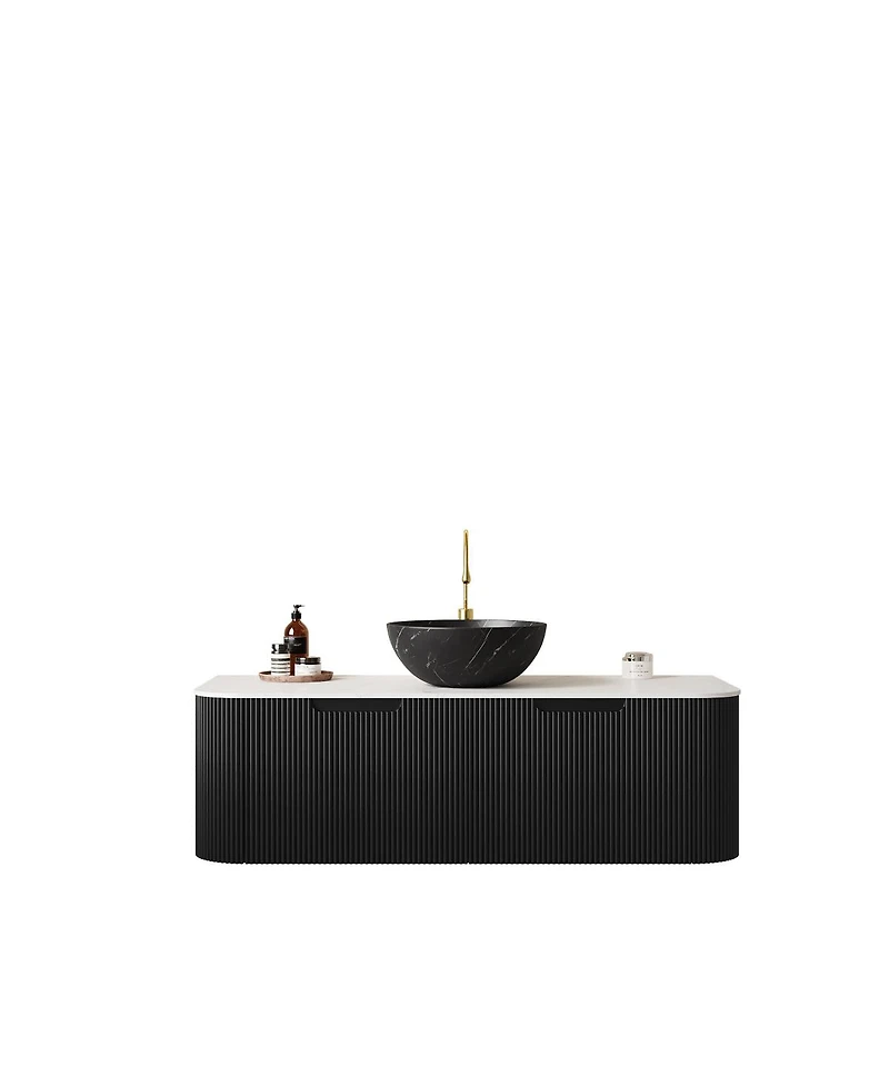 Sillysis Wall Mounted Bathroom Vanity, Carrara Sintered Stone Top , Striped Plywood Cabinet, Pre-assembled