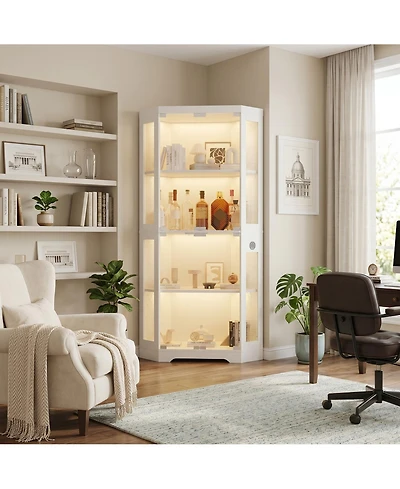 homfan Hexagon Corner Display Cabinet with Tempered Glass Doors, Motion Sensor Led Lighting and Built-In Usb/Usb-c Charging Ports