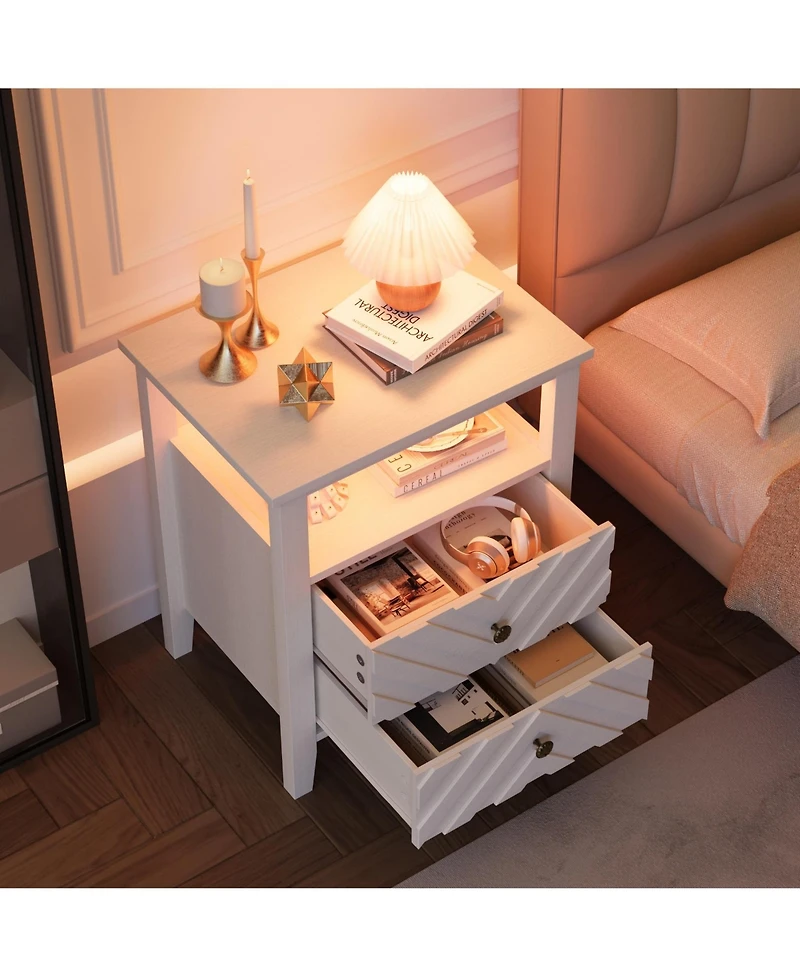 homfan Farmhouse Led Nightstand with 2 Drawers, V-shaped Design and Open Shelf, Rustic Bedside Table for Bedroom