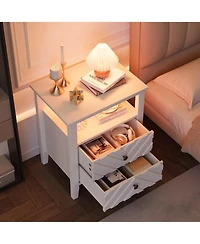 homfan Farmhouse Led Nightstand with 2 Drawers, V-shaped Design and Open Shelf, Rustic Bedside Table for Bedroom