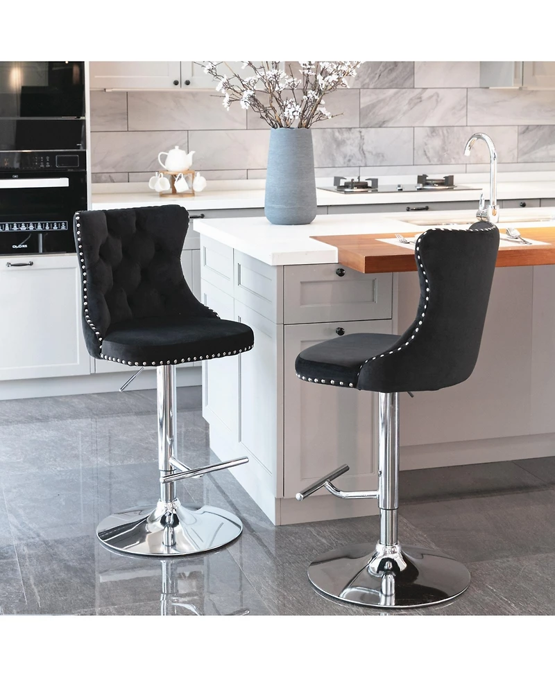 Clihome Swivel Velvet Barstools Adjustable Seat Height from 25-33 Inch, Chrome base Bar Stools with Backs Comfortable Tufted,Set of 2