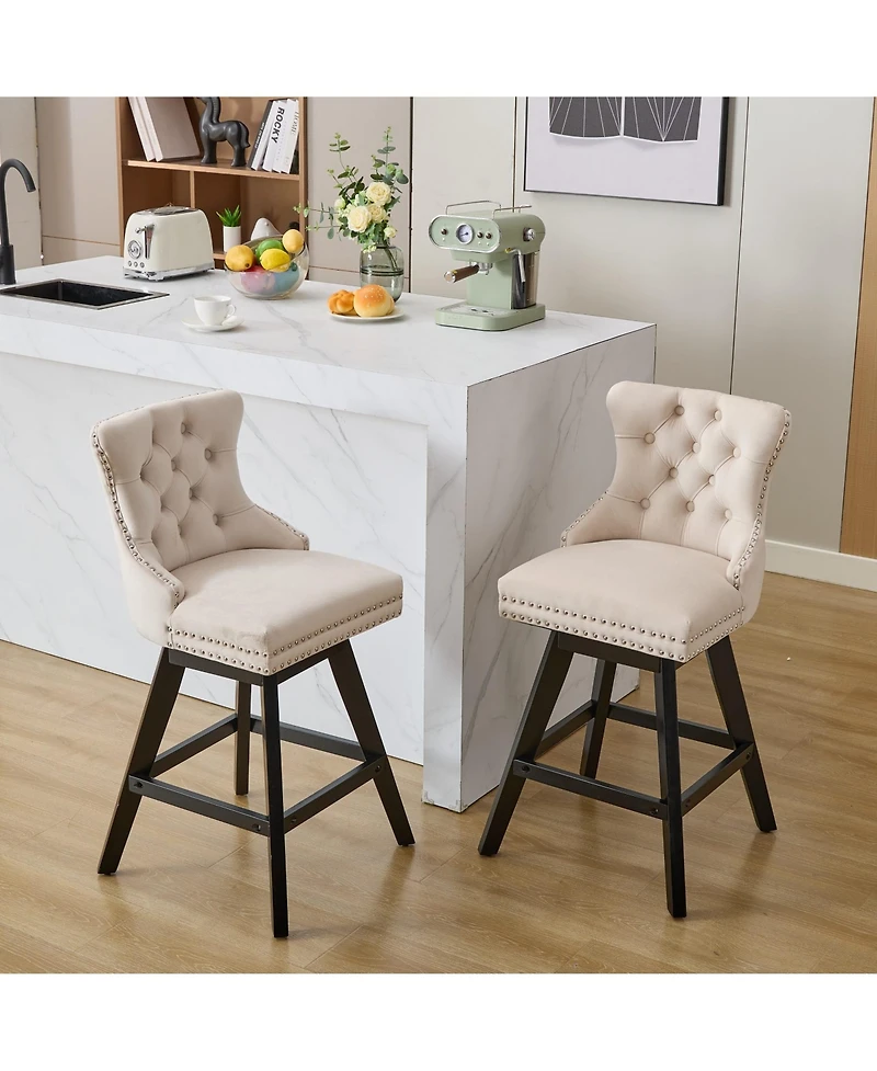 Clihome Swivel Velvet Barstools with Button Tufted Decoration and Wooden Legs, Chrome Nailhead Trim, Leisure Style Bar Chairs,Bar stools, Set of 2