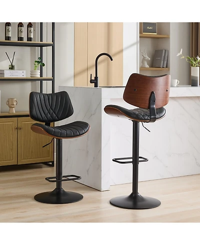 Clihome Walnut Bentwood Bar Stools Mid Century Modern Adjustable Counter Height Black Leather Upholstered 360degree(s)Swivel of 2