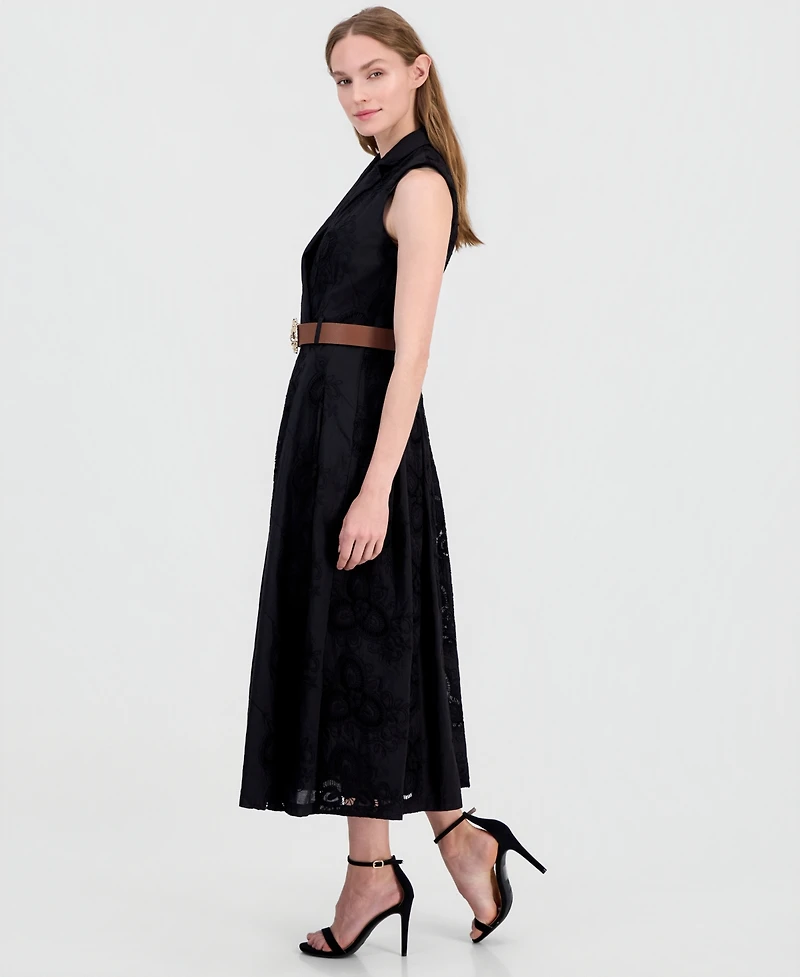 Anne Klein Women's Belted Eyelet Embroidered Cotton Midi Dress