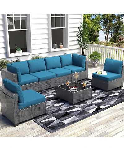 GarveeLife 7 Piece Patio Furniture Set, Outdoor Modular Wicker Sectional Couch with Tempered Glass Coffee Table with Washable Cushions for Backyard