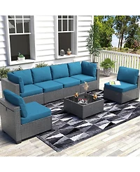 GarveeLife 7 Piece Patio Furniture Set, Outdoor Modular Wicker Sectional Couch with Tempered Glass Coffee Table with Washable Cushions for Backyard