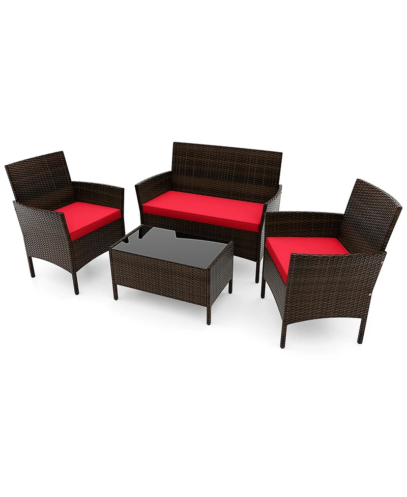 4PCS Patio Rattan Furniture Set Cushioned Sofa Coffee Table Backyard